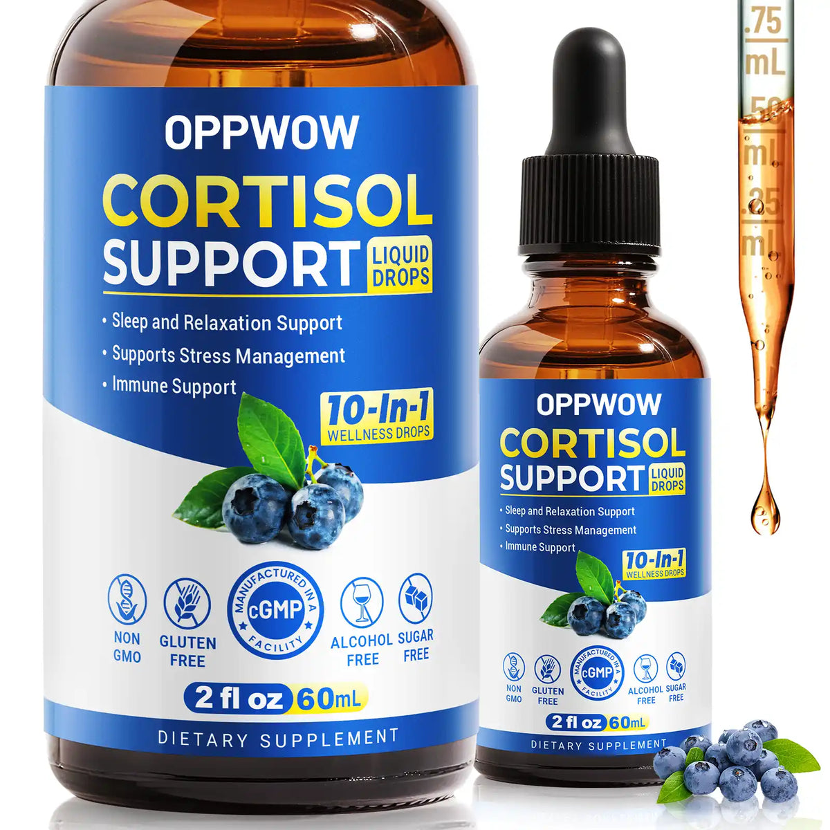 OPPWOW 10 in 1 Cortisol Supplements for Women & Men Vitamin and mineral supplements, Sleep & Mood Support, 2 Fl Oz, Blueberry Flavor
